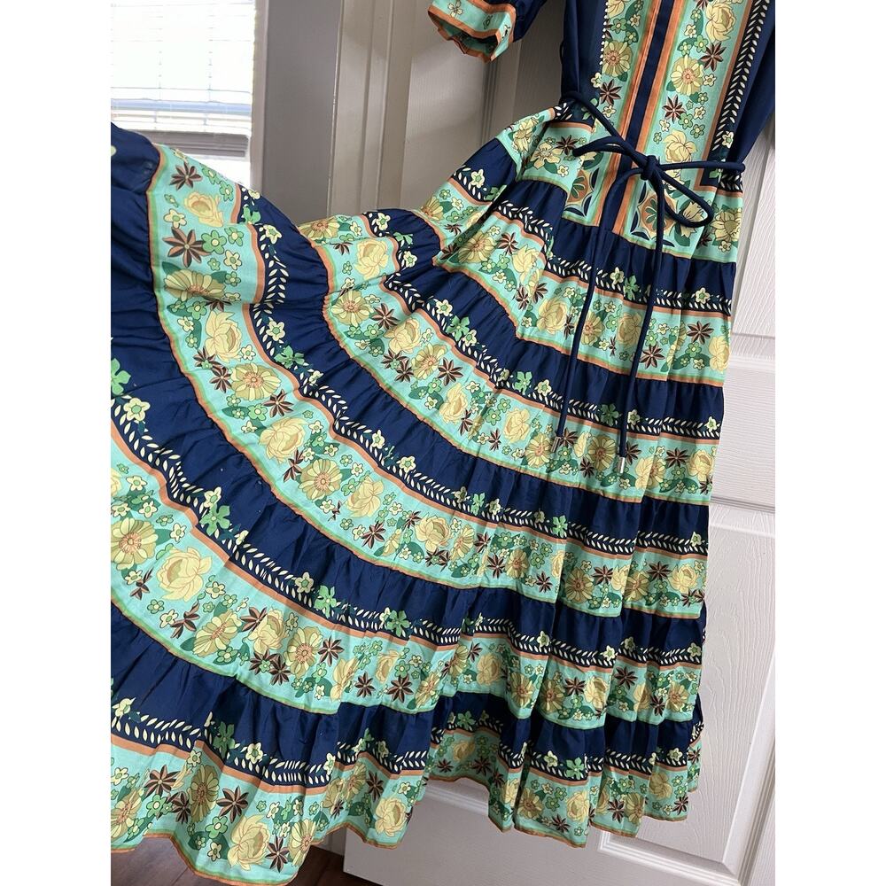 LUXXEL Navy Floral Puff Sleeve Button Front Tiered Maxi Dress Sz M NWT - Picture 7 of 16